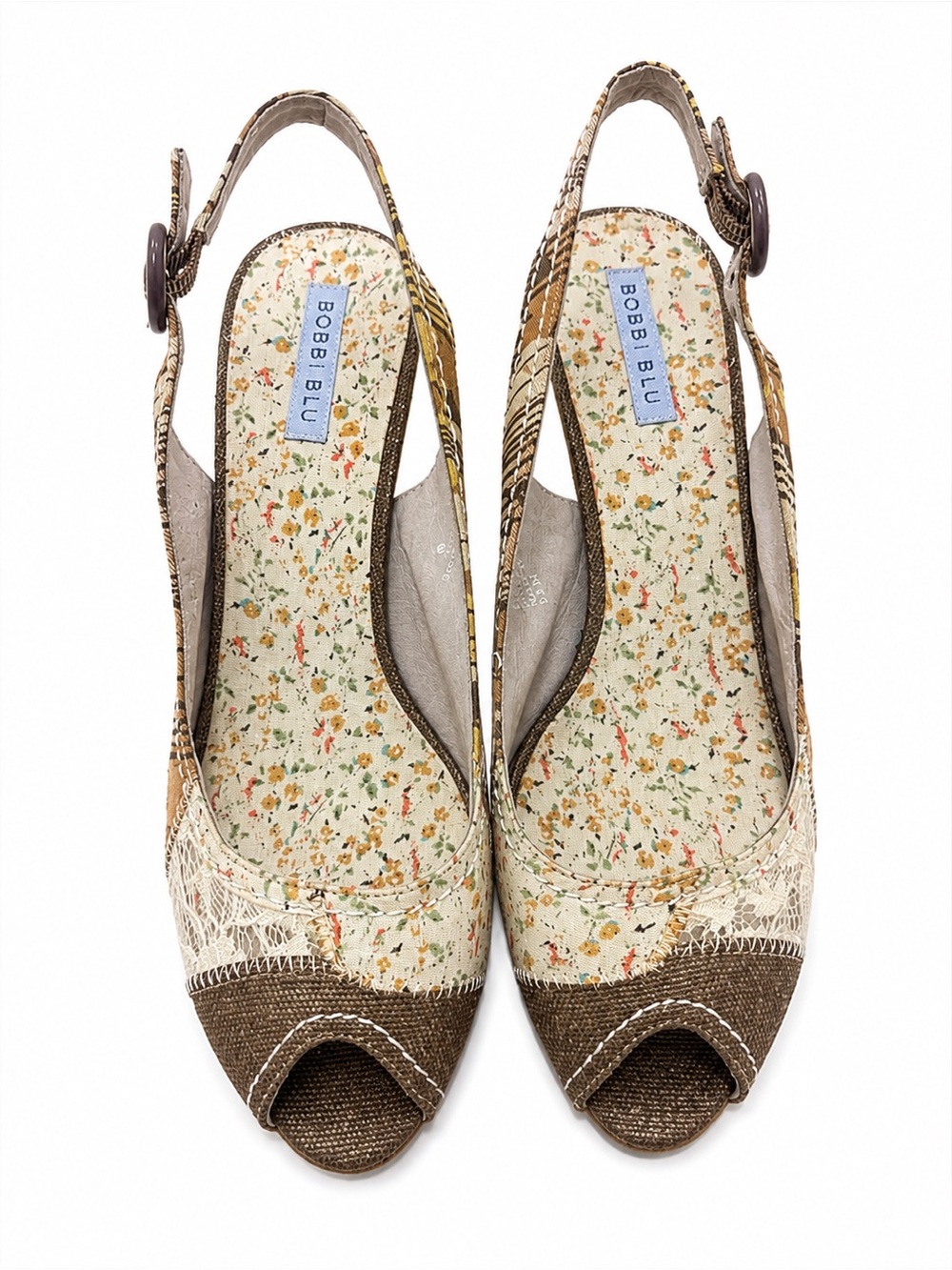 Bobbi Blu Brown Floral Lace Peep-Toe Slingback Mules